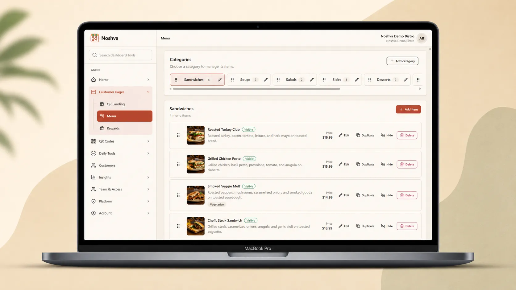 Sanitized Noshva Menu Builder preview on a MacBook.