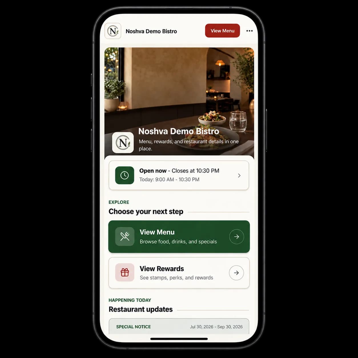 Noshva public restaurant experience shown on a phone
