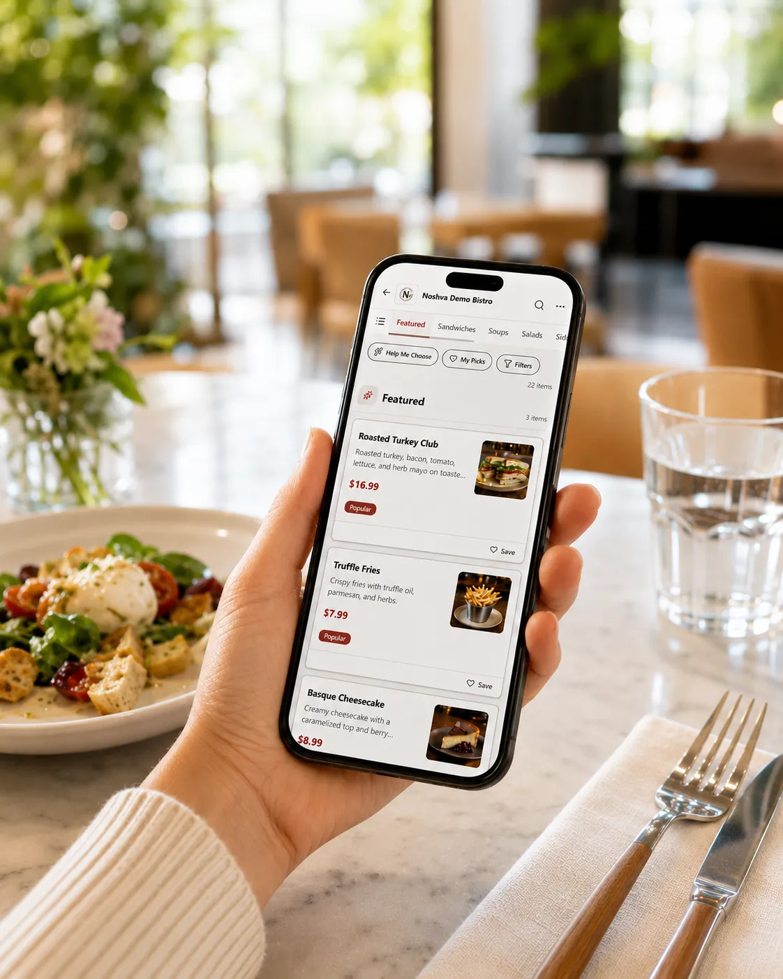 A guest browsing the Noshva Mobile Menu on a phone at a restaurant table