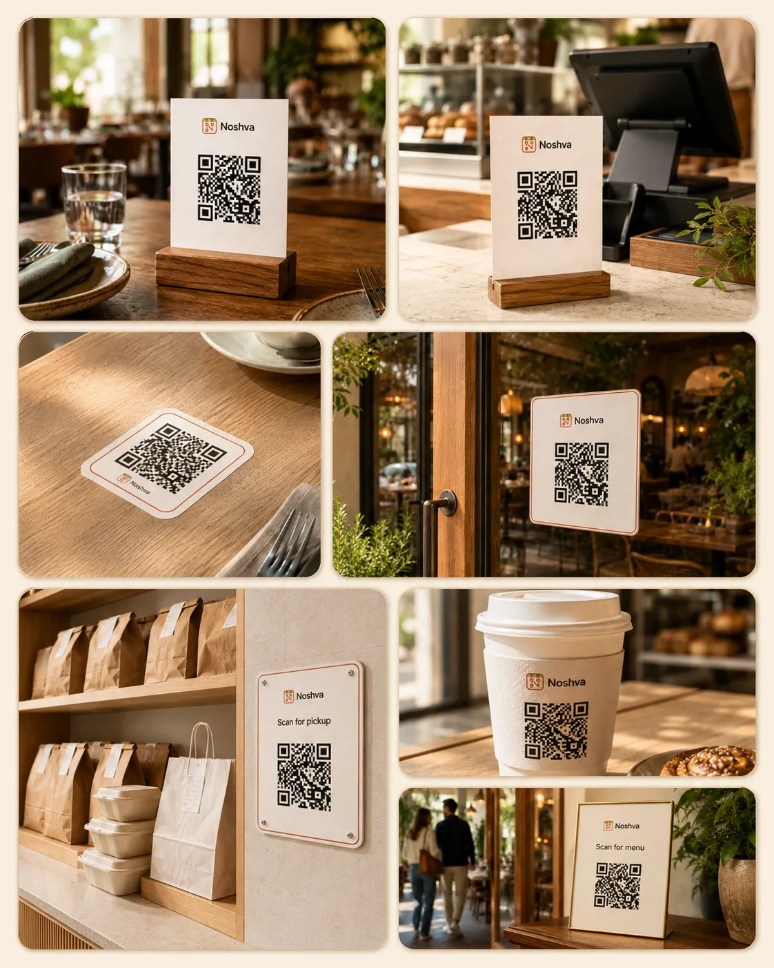 Noshva QR cards placed across restaurant tables, counters, windows, pickup areas, and takeout packaging