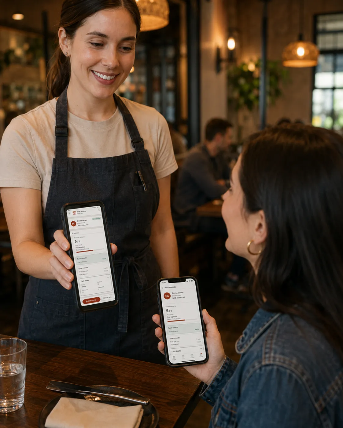 Restaurant staff member showing a guest their Noshva Rewards progress after purchase
