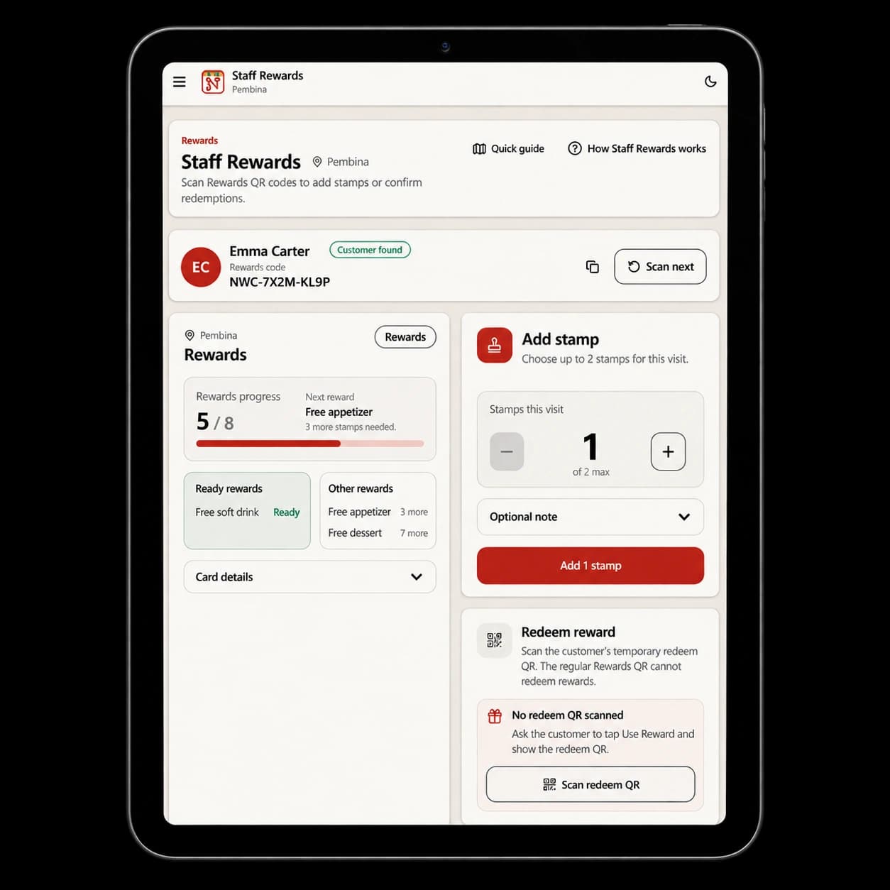 Authorized Noshva Staff Rewards workflow shown on a tablet