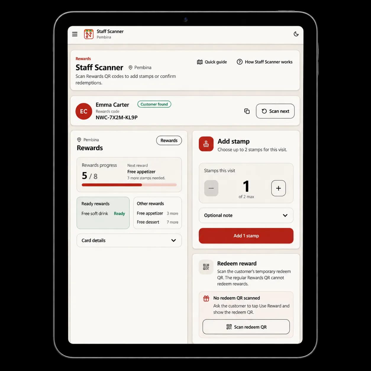 The Noshva Staff Scanner shown on a restaurant tablet