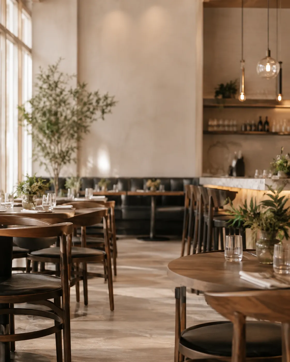 Warm modern restaurant interior with dining tables and bar seating.