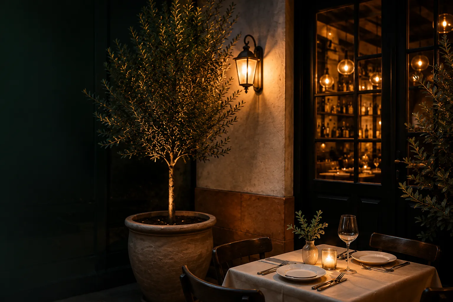 A warmly lit restaurant entrance and an evening table prepared for guests