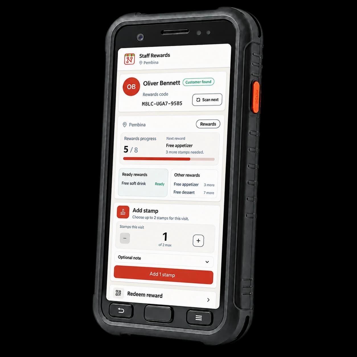 A Staff Rewards device confirming that a customer stamp was added