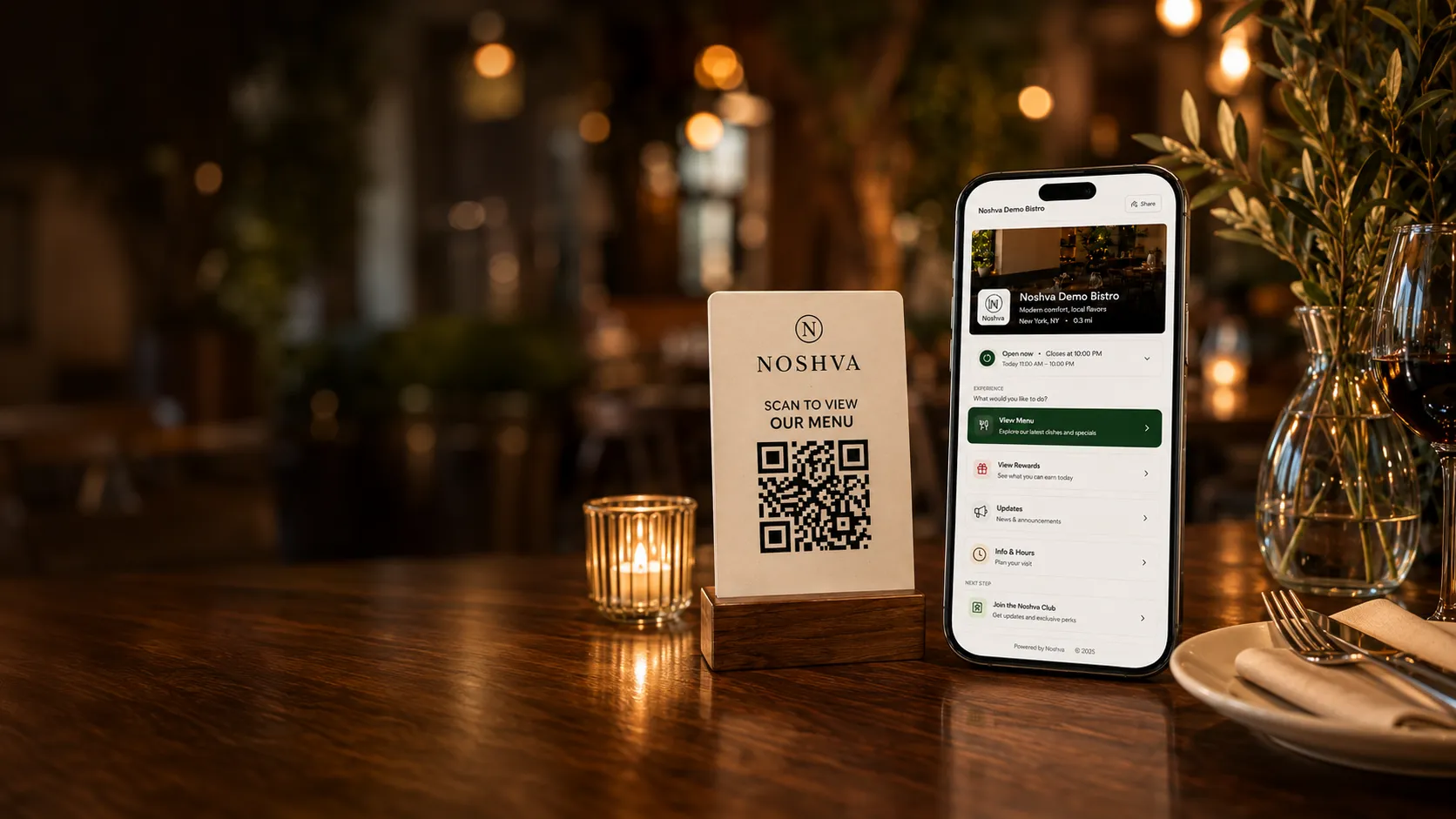 Noshva's current guest QR Landing experience in a restaurant
