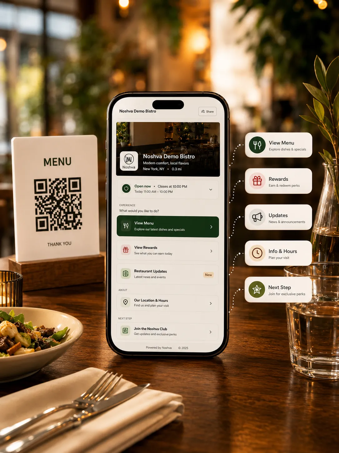 Noshva's guest QR Landing experience shown on a phone