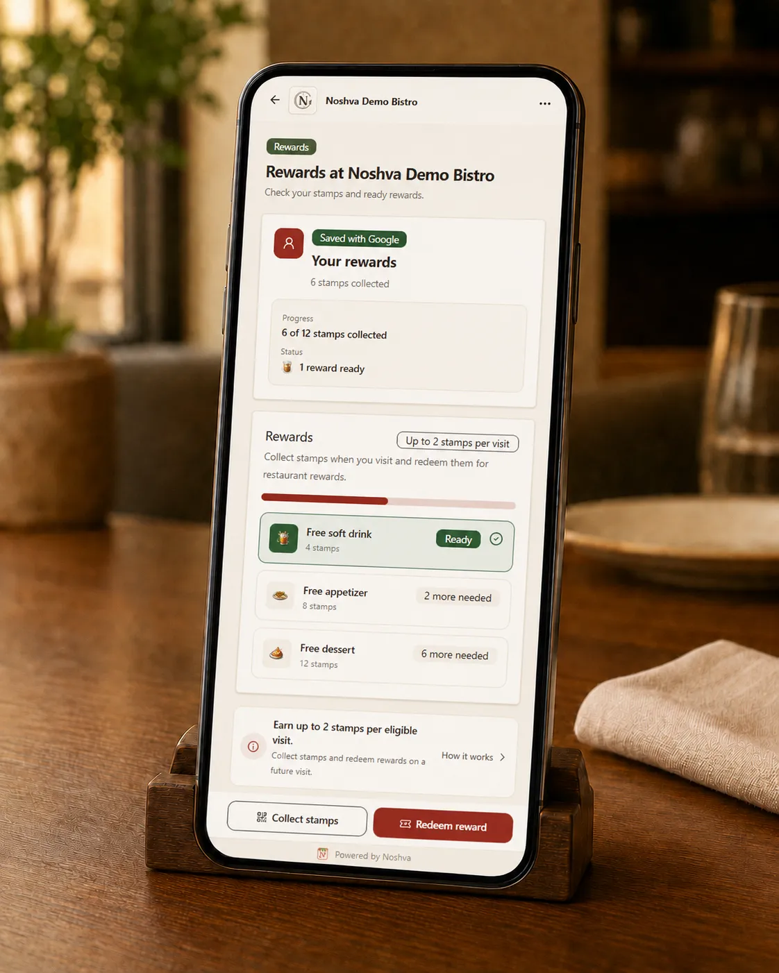 Noshva Demo Bistro Rewards page shown in a restaurant setting.
